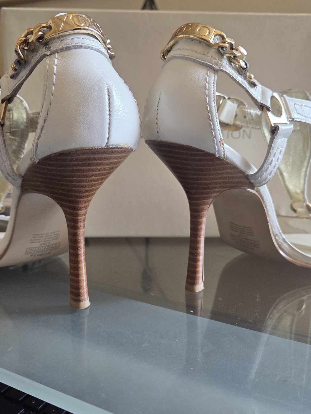 BCBGeneration White Leather T-Strap Sandals with Gold Accents - Picture 4 of 5